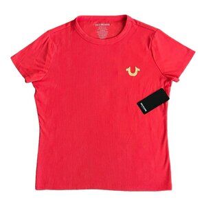True Religion Ribbed Rhinestone Fitted Logo Tee Fiery Red Short Sleeves Size L